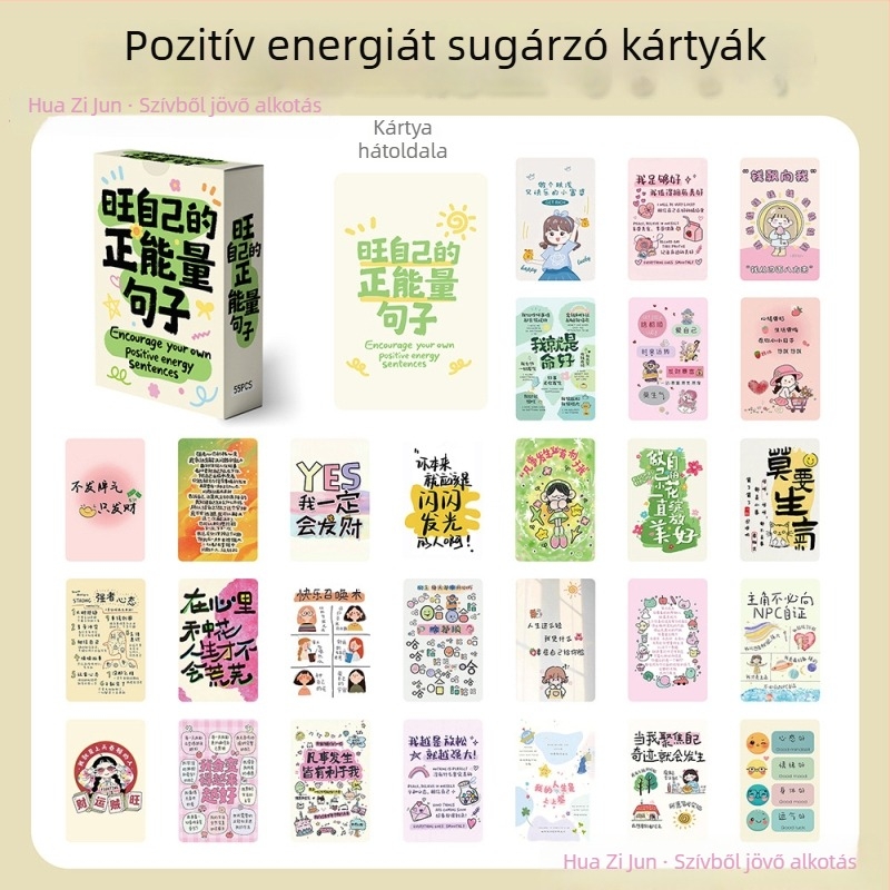 55 darab pozitív energiával töltött kártya — Insta-stílus, kézzel rajzolt illusztrációk, saját nyomtatású kártyaszett