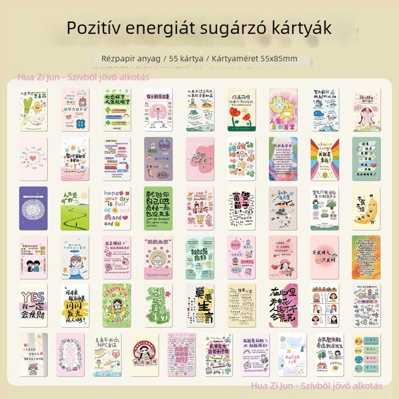 55 darab pozitív energiával töltött kártya — Insta-stílus, kézzel rajzolt illusztrációk, saját nyomtatású kártyaszett