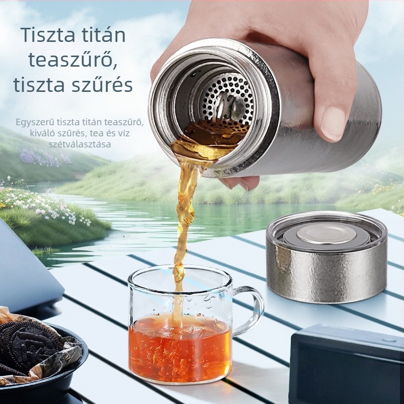 Tiszta titánból készült dupla falú vákuum-izolált autó pohár tea és víz elválasztóval, nagy kapacitás