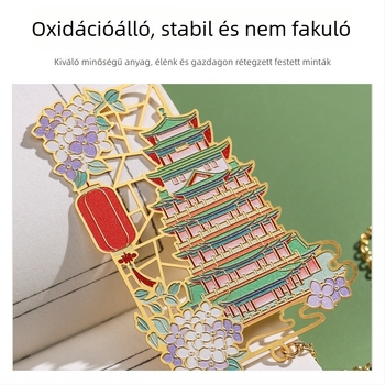 Rozsdamentes acélból készült könyvjelző lánccal, kínai stílusú, lyukasztott oldalt rögzítő klip, architektúra és táj motívumok