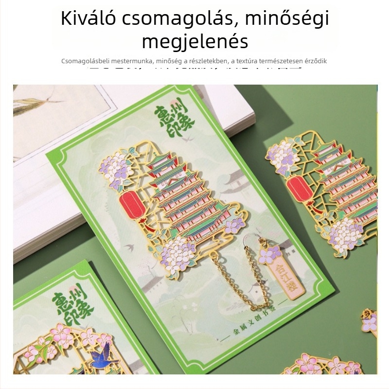 Rozsdamentes acélból készült könyvjelző lánccal, kínai stílusú, lyukasztott oldalt rögzítő klip, architektúra és táj motívumok