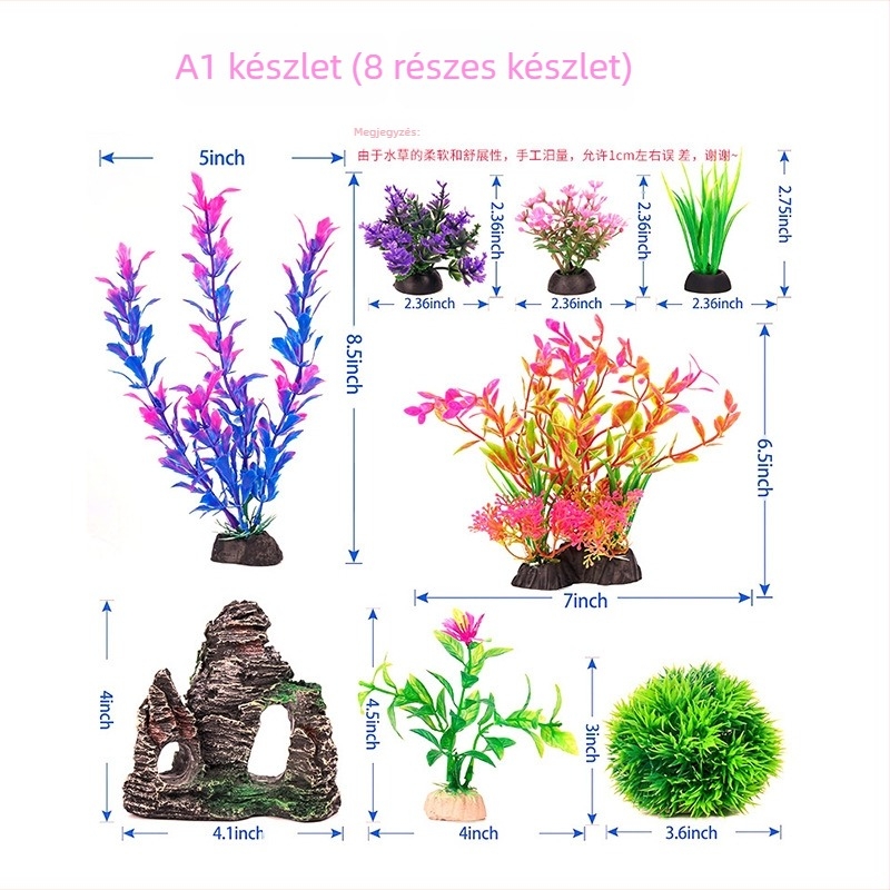 Akvárium dekoráció készlet mesterséges műanyag növényekkel és barlangsziklákkal
