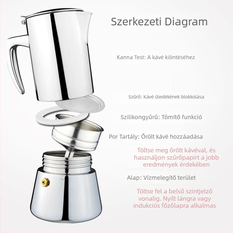 304 rozsdamentes acél moka kanna, 200 ml, indukciós főzőfelülettel kompatibilis, hordozható, olasz stílus