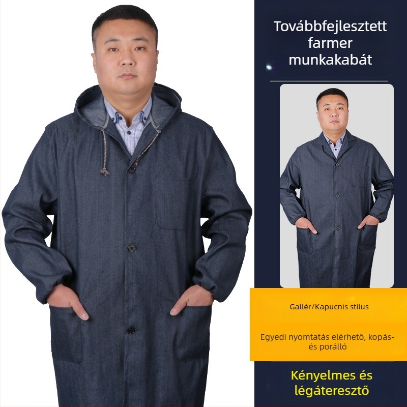 Denim hosszú munkaruha, uniszex, por- és szennyeződésálló, kopásálló, nyomtatott mintával