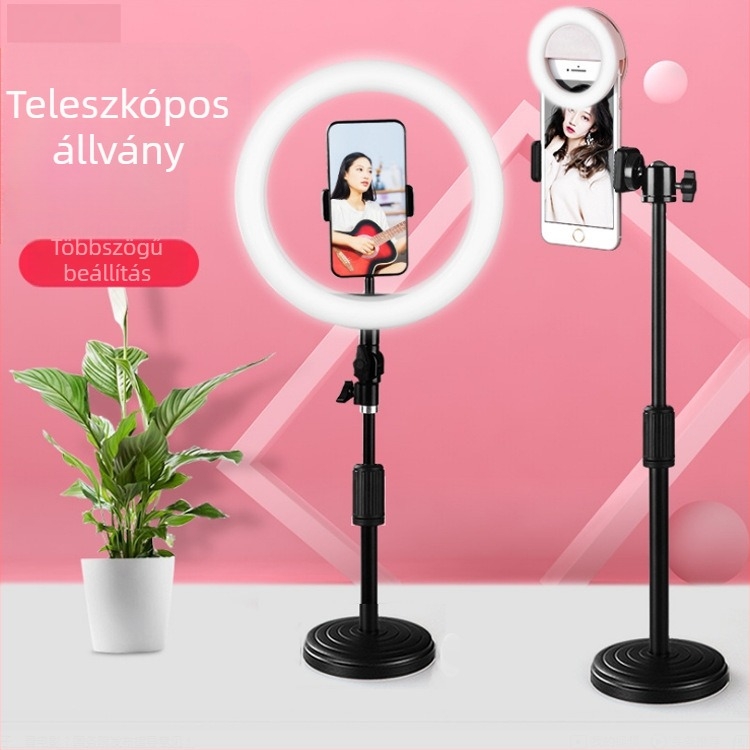 Mobiltelefonos élő közvetítésre szolgáló állvány asztali tripoddal és selfie fényével, beltéri és kültéri használatra.