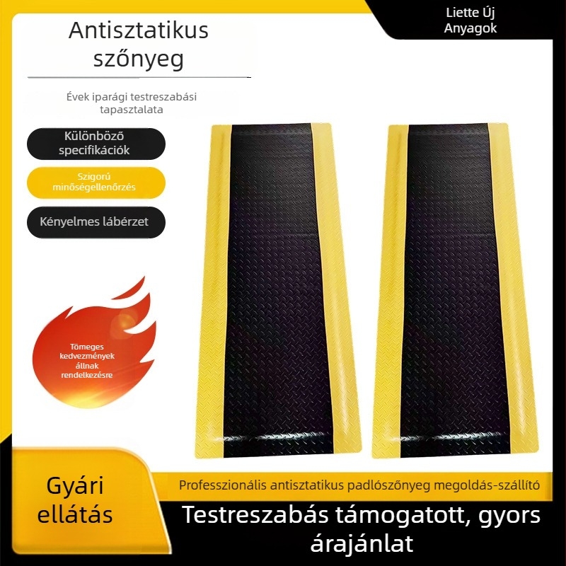 Antisztatikus, anti-fáradtság padlómat, fekete alap és sárga élű figyelmeztető csíkkal, vastított kivitel, ipari műhelyekhez, több méretben