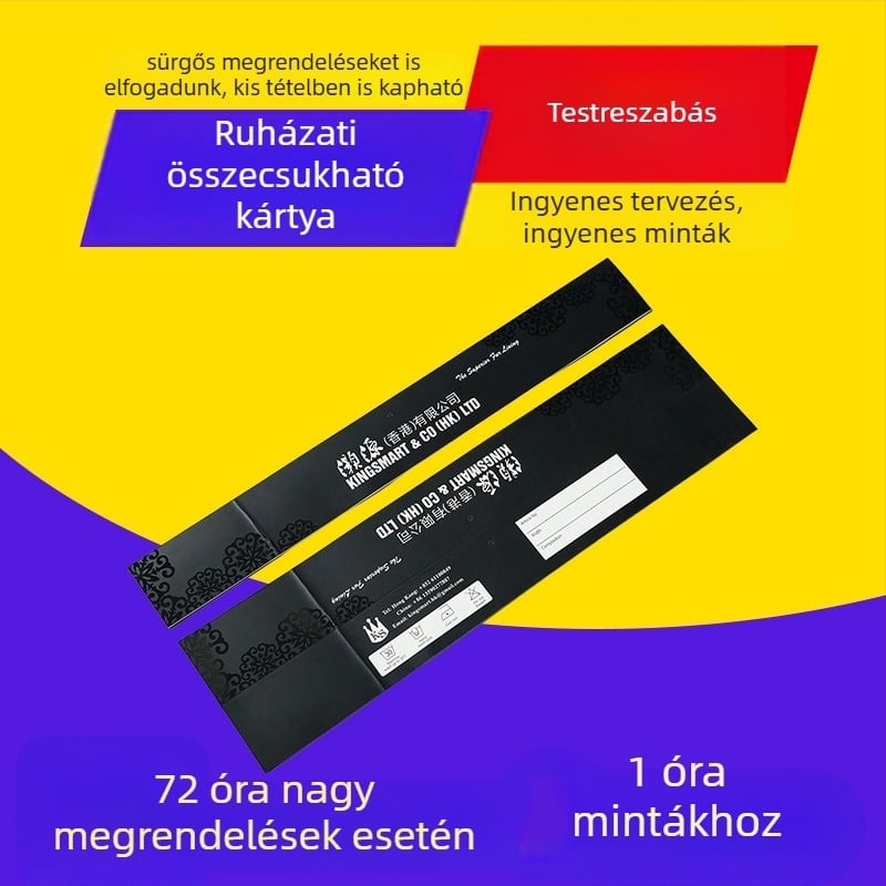 Ruházati címke lyukasztott nyílású, színes karton, vastag fehér laminált karton, nyomtatás, fejléc- és kötő kartya, piros kraft papírzacskó