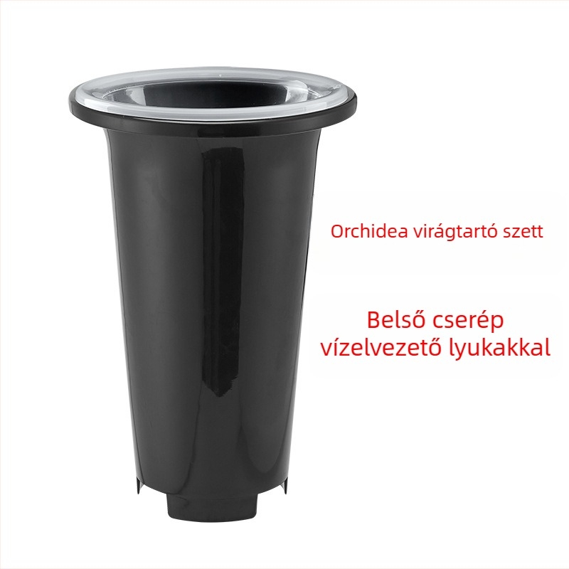 Műanyag orchidacserép, fekete átlátszó kivitel, minimalist design, nagy méret, légáteresztő, készlet orchideákhoz