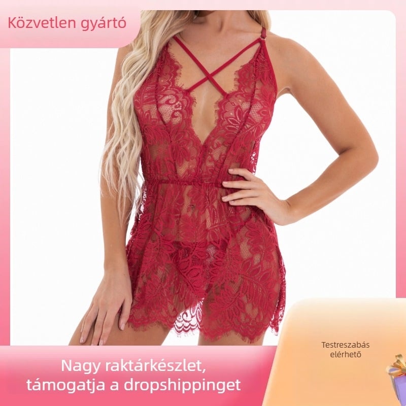 Szexi hálóing csipkéből, áttetsző halterrel ellátott slip dress otthoni viselethez