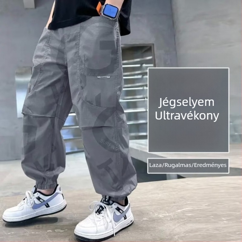 Fiúknak nyári ice-silk nadrág, kamufláž mintás, könnyű, casual stílus, elasztikus derekú