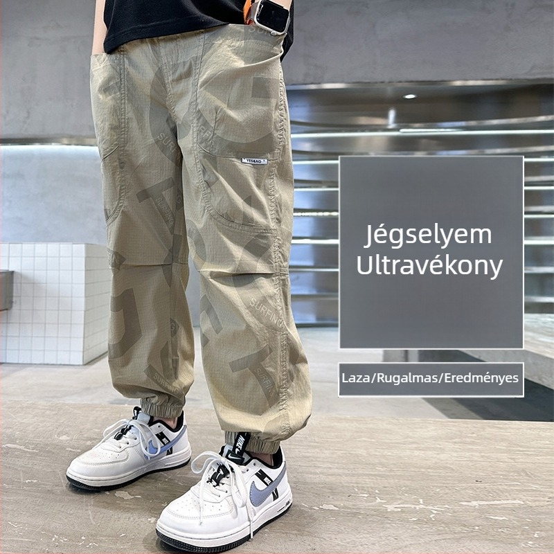 Fiúknak nyári ice-silk nadrág, kamufláž mintás, könnyű, casual stílus, elasztikus derekú