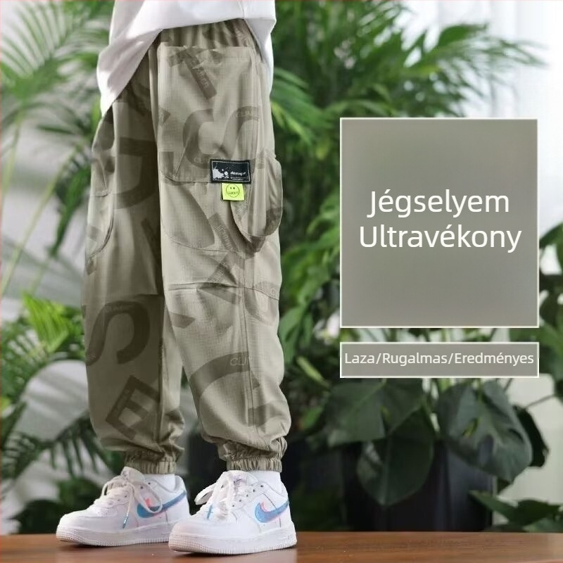 Fiúknak nyári ice-silk nadrág, kamufláž mintás, könnyű, casual stílus, elasztikus derekú