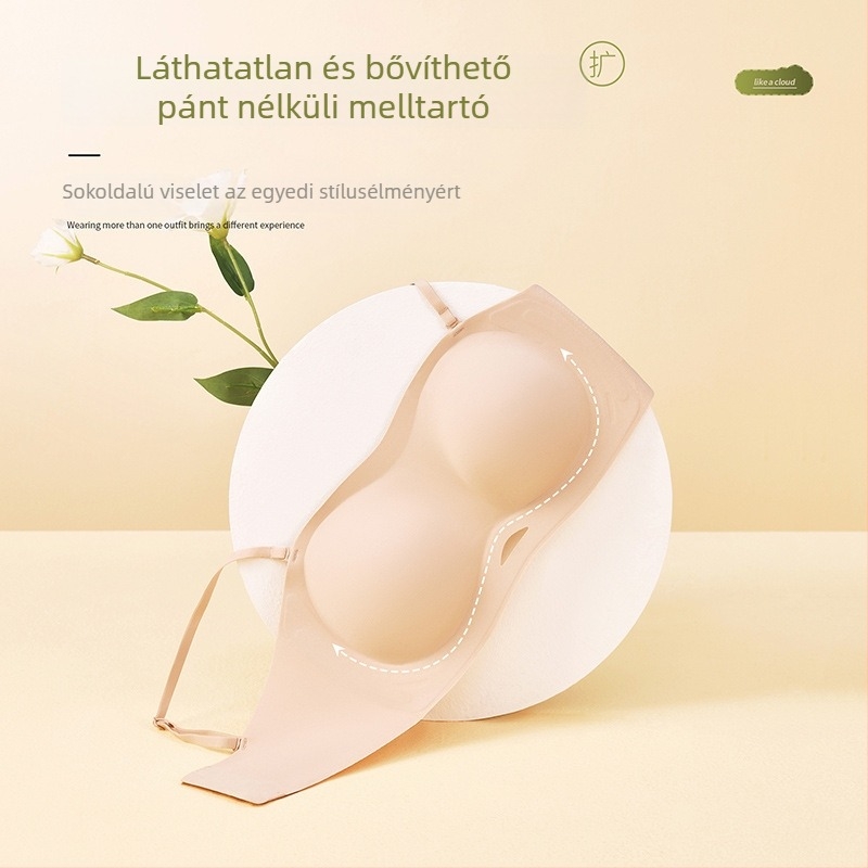 Váll nélküli push-up melltartó nőknek, csúszásmentes, varrásmentes, vastag töltőpárnás, kis melltömeg kiemeléséhez, manga stílus