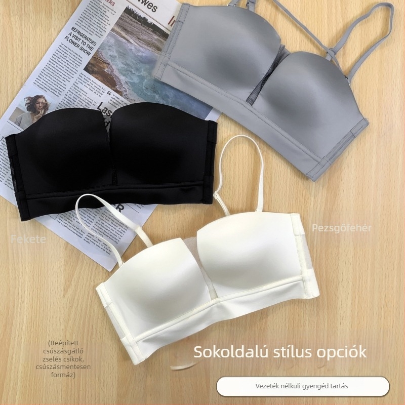 Levehető vállpántos bandeau melltartó, csúszásmentes kosár, merevítő nélküli, varrat nélküli, lélegző, vékony nyári modell
