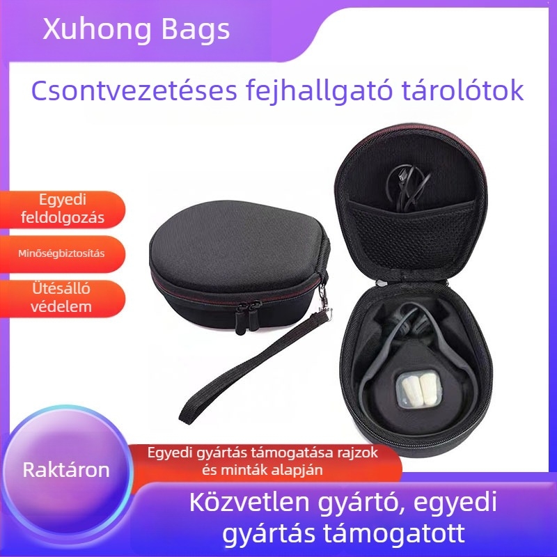 Csontvezetéses Bluetooth fülhallgatók EVA tárolóesettel, kéttónusú cipzár, prémium érzet, nyomásálló nyakba akasztható tároló