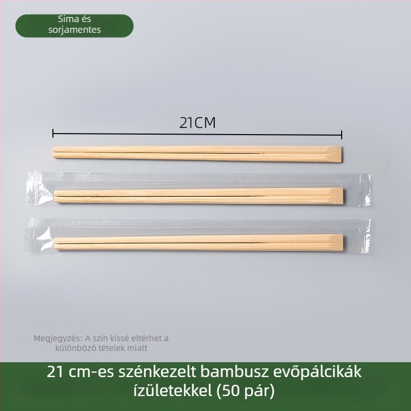 Egyszer használatos, magas minőségű bambusz pálcikák, egyedi csomagolásban, otthoni használatra és elvitelre, karbonizált.