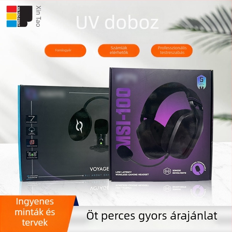 Fejhallgató csomagoló doboz, kartondoboz, egyedi ajándékdoboz, hullámkarton doboz, színes doboz digitális elektronikai termékekhez, UV domborított doboz egyedi igények szerint