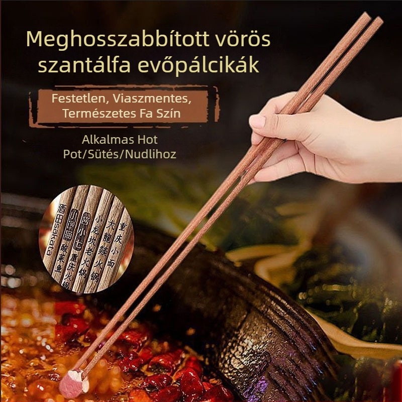 Hosszú, fa evőpálcikák mély sütéshez és forró fazékhoz, hosszított kivitel, vörös szantálfa anyagból, konyhai használatra