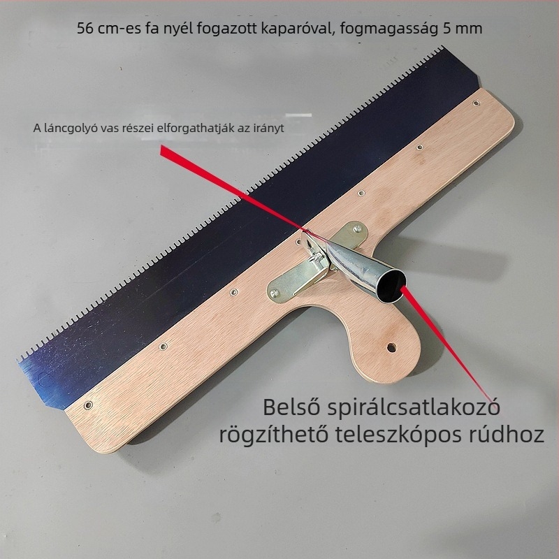 Cementpadló önszintező eszköz fogazott kaparóval, forgatható és irányítható, teleszkópos szárhoz csatlakoztatható
