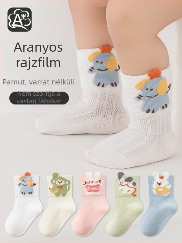 Nyári vékony pamut baba zokni, varratmentes, hálós szövés, középmagas szár, uniszex, mesefigurás dizájn