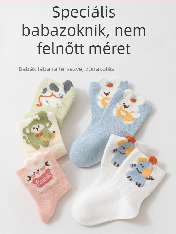 Nyári vékony pamut baba zokni, varratmentes, hálós szövés, középmagas szár, uniszex, mesefigurás dizájn
