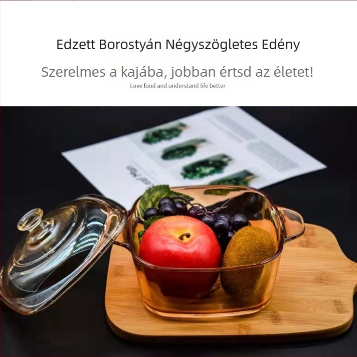 Kocka alakú üveg edény két fogantyúval, leveshez, instant tésztához, salátához és tároláshoz