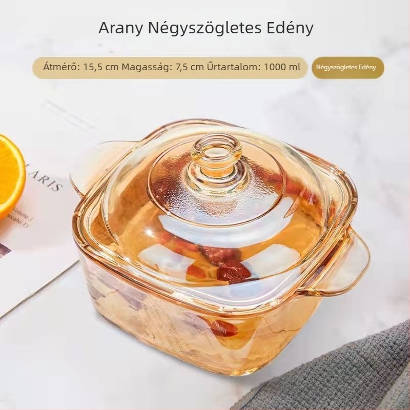Kocka alakú üveg edény két fogantyúval, leveshez, instant tésztához, salátához és tároláshoz
