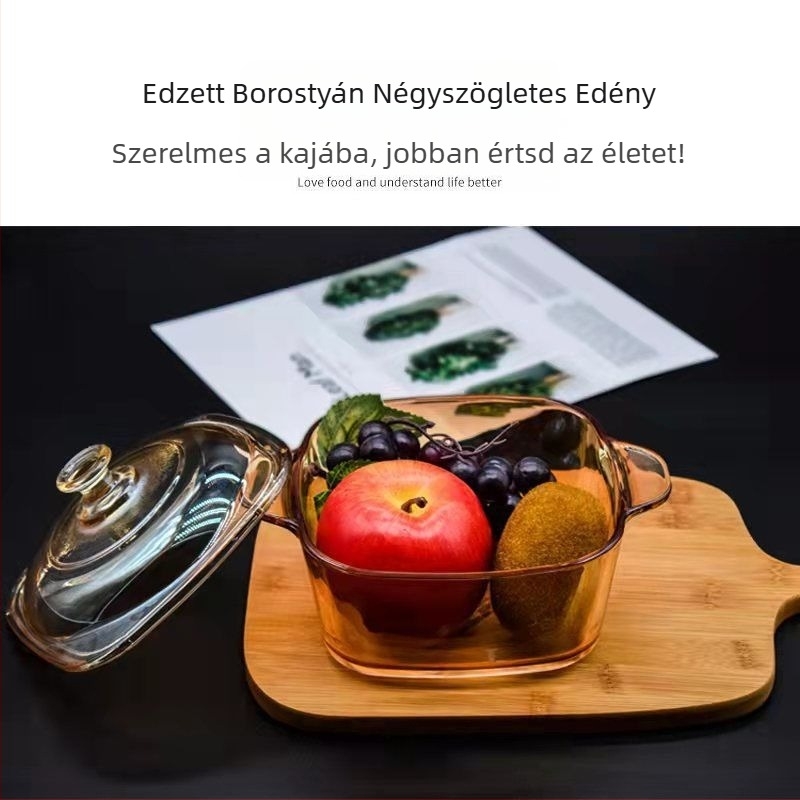 Kocka alakú üveg edény két fogantyúval, leveshez, instant tésztához, salátához és tároláshoz