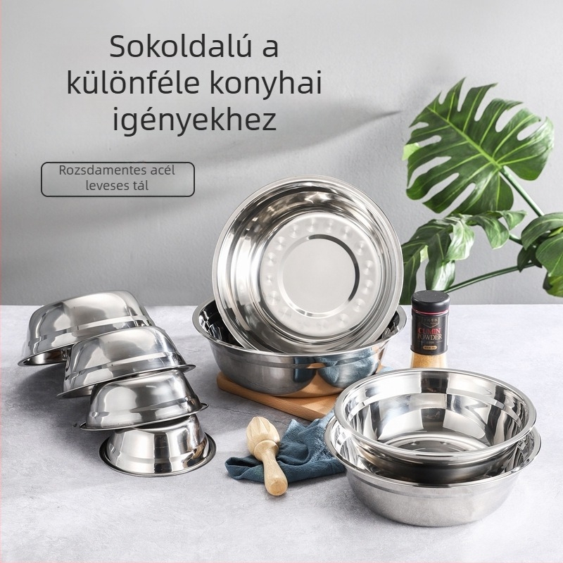 Vastagított rozsdamentes acél konyhai tál mély oldalakkal leveshez, rizshez, zöldségekhez, tojások felveréséhez és tészta dagasztásához