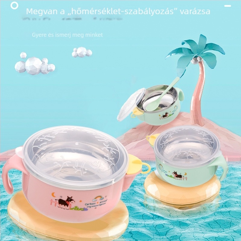 Gyerekeknek való rozsdamentes acél izolált tál fedővel, rajzfilm mintával