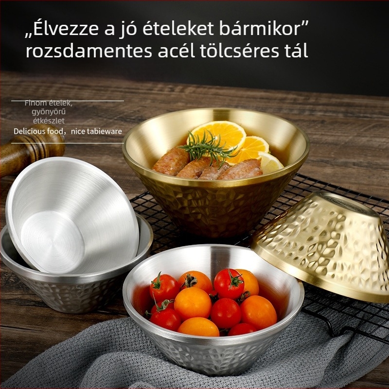 304 rozsdamentes acél, koreai stílusú kalapmintázatú V-alakú tál, dupla rétegű hőszigetelt tál, hideg tészta, luosifen és ramen leves és saláta számára