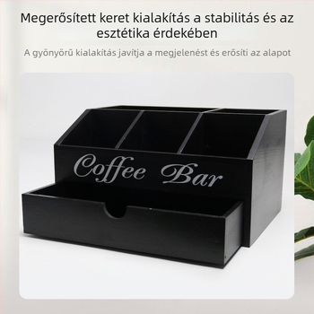 Tömörfa kávétároló doboz, több rekesszel, bárpultra való asztali rendező, fiókkal és elválasztókkal