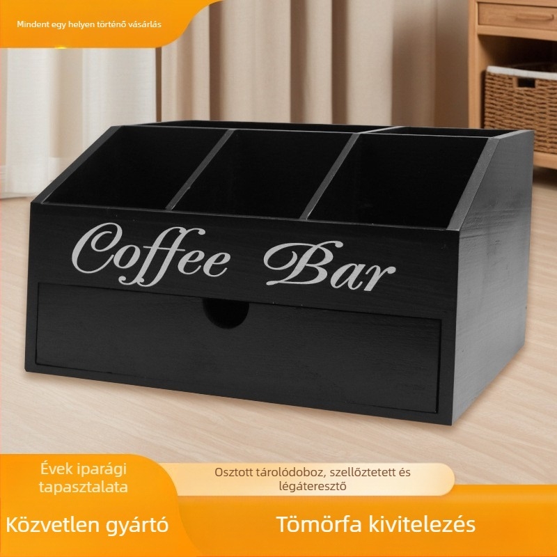 Tömörfa kávétároló doboz, több rekesszel, bárpultra való asztali rendező, fiókkal és elválasztókkal