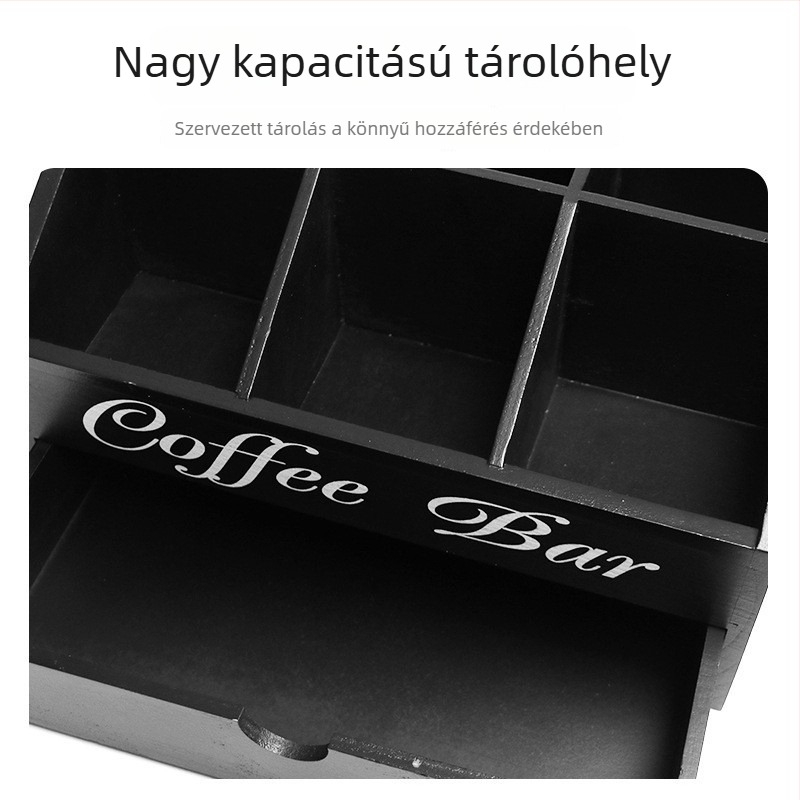 Tömörfa kávétároló doboz, több rekesszel, bárpultra való asztali rendező, fiókkal és elválasztókkal