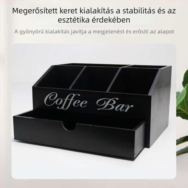 Tömörfa kávétároló doboz, több rekesszel, bárpultra való asztali rendező, fiókkal és elválasztókkal