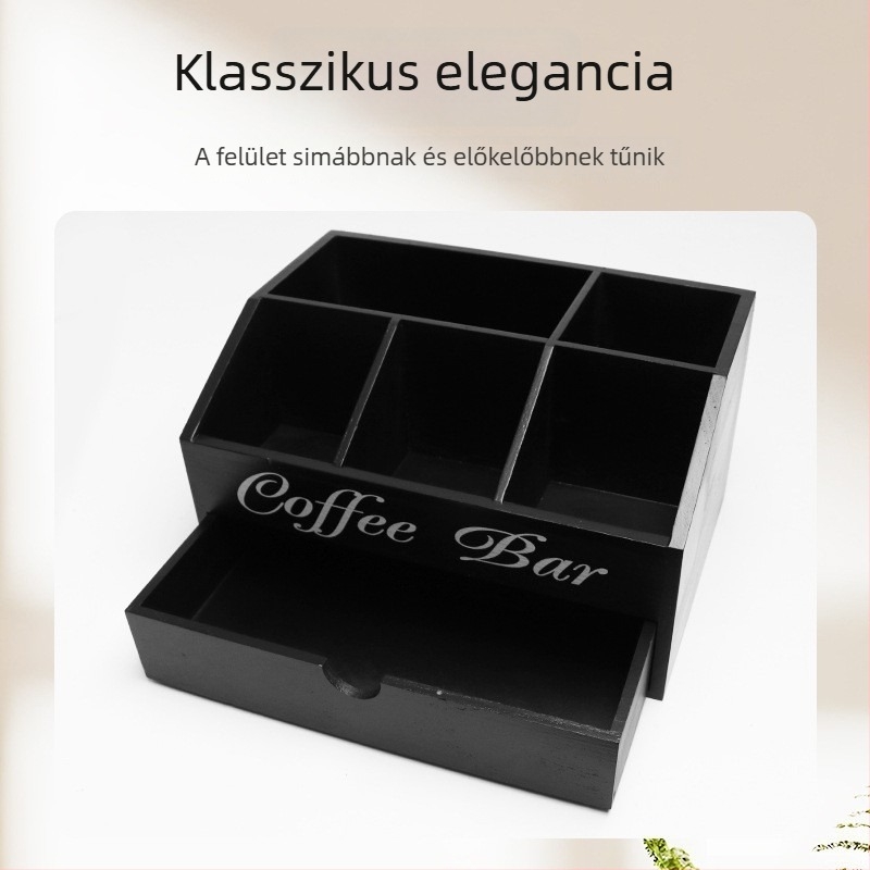 Tömörfa kávétároló doboz, több rekesszel, bárpultra való asztali rendező, fiókkal és elválasztókkal