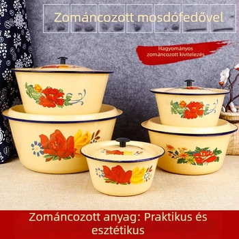 Emailezett konyhai készlet: torta tál fedővel, zsírtartó edény és dagasztó tál, sárga, kör alakú, Ø14 cm