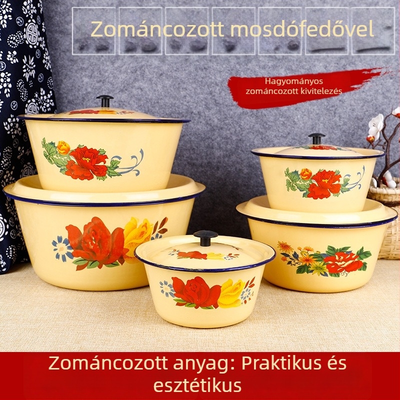 Emailezett konyhai készlet: torta tál fedővel, zsírtartó edény és dagasztó tál, sárga, kör alakú, Ø14 cm