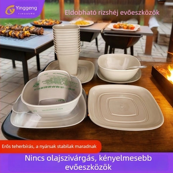 Rizshéjból készült egyszer használatos étkészlet, négy darabos készlet, egyedi csomagolás, négyszögletes formájú poharak, tálak, tányérok és kanalak, bankettekre és éttermekbe