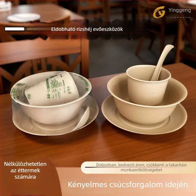 Rizshéjból készült egyszer használatos étkészlet, négy darabos készlet, egyedi csomagolás, négyszögletes formájú poharak, tálak, tányérok és kanalak, bankettekre és éttermekbe