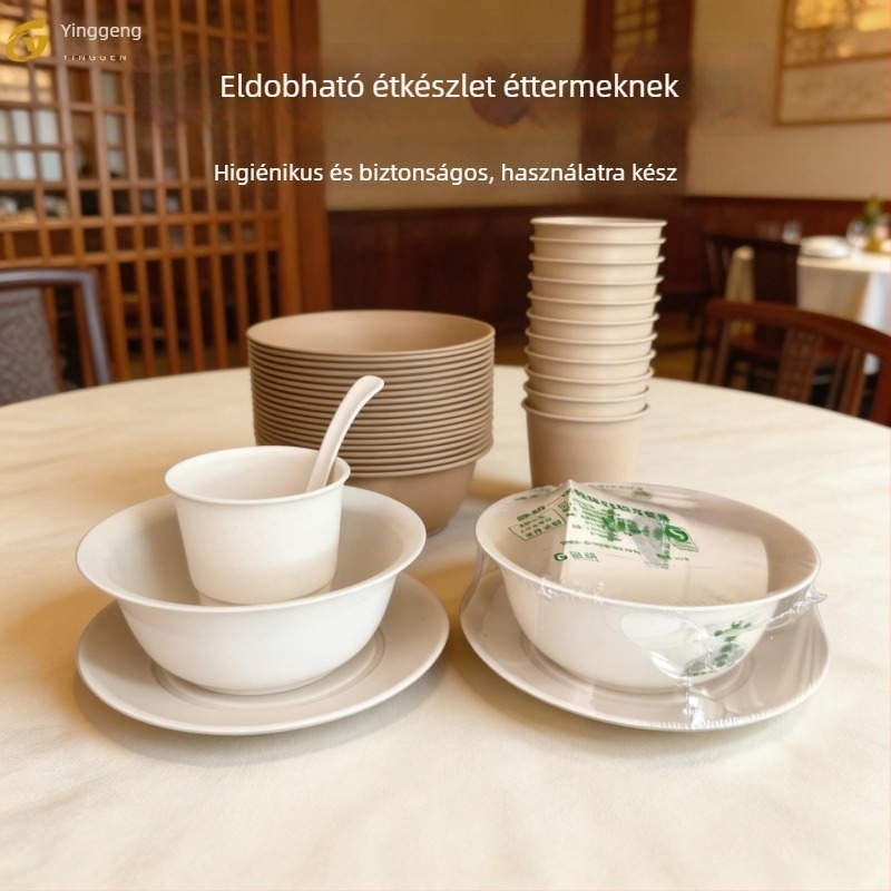 Rizshéjból készült egyszer használatos étkészlet, négy darabos készlet, egyedi csomagolás, négyszögletes formájú poharak, tálak, tányérok és kanalak, bankettekre és éttermekbe