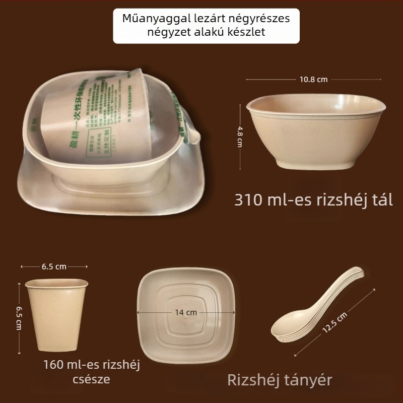 Rizshéjból készült egyszer használatos étkészlet, négy darabos készlet, egyedi csomagolás, négyszögletes formájú poharak, tálak, tányérok és kanalak, bankettekre és éttermekbe