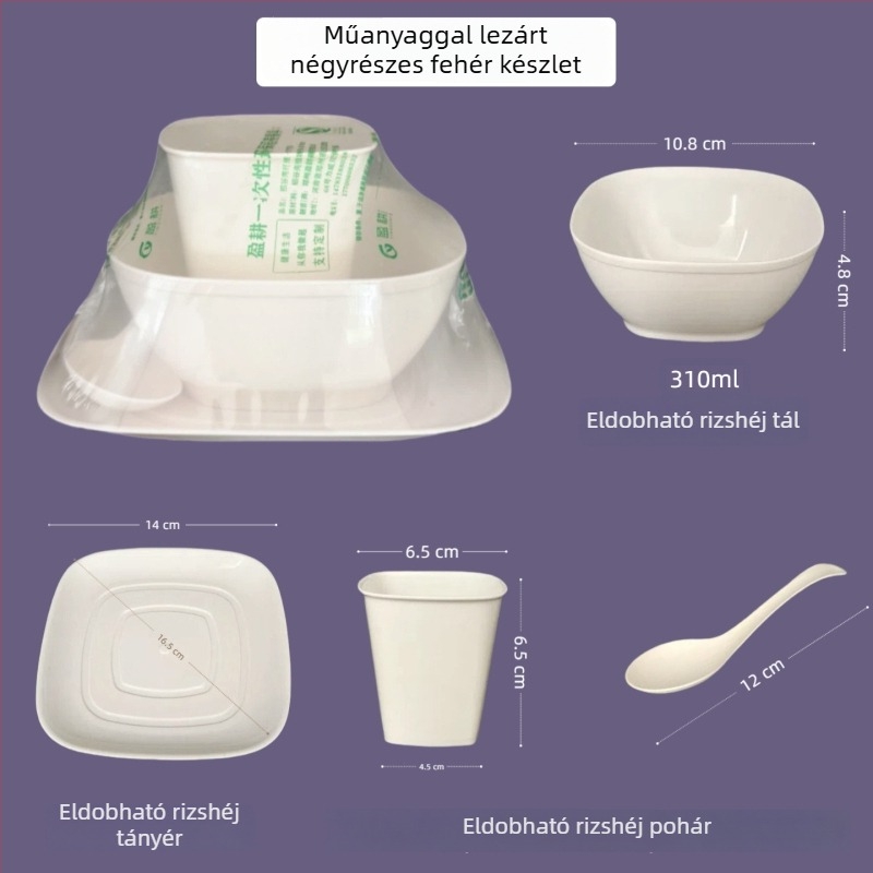 Rizshéjból készült egyszer használatos étkészlet, négy darabos készlet, egyedi csomagolás, négyszögletes formájú poharak, tálak, tányérok és kanalak, bankettekre és éttermekbe
