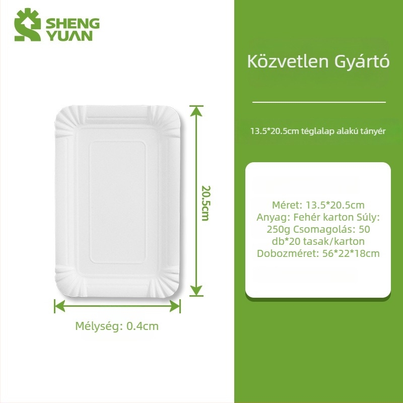 Egyszer használatos téglalap alakú papírtálca, élelmiszer-minőségű, biológiailag lebomló, 10×16 cm vagy 13×20 cm, 230-300 GSM, piknikre és otthoni használatra