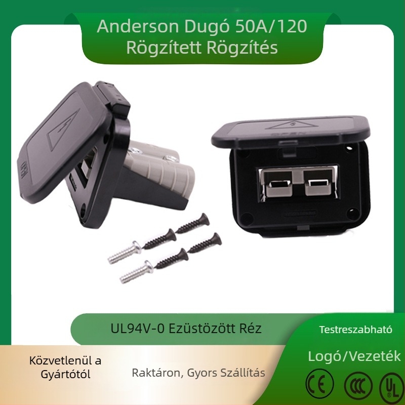 Kétpolarú fix alapú csatlakozó, 50A/120A, 600V, fedéllel és töltődugóval, kompatibilis az Andersonnal