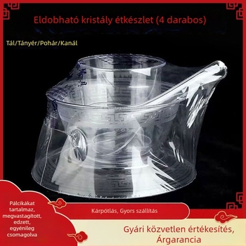 Eldobható kristály étkészlet, négy részes készlet: átlátszó vastagított műanyag poharak, tányérok és kanalak, környezetbarát