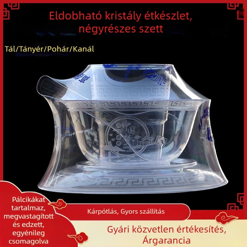 Eldobható kristály étkészlet, négy részes készlet: átlátszó vastagított műanyag poharak, tányérok és kanalak, környezetbarát