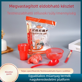 Egyszer használatos esküvői étkészlet 10 személyre, piros és fehér.