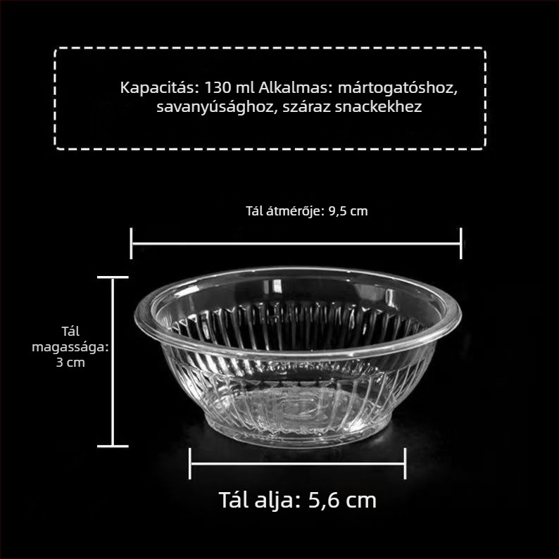 Egyszer használatos műanyag fűszertálak, 130 ml, ideális forró pot-hoz és mártásokhoz, gyóza fűszer, ecet és szójaszósz.