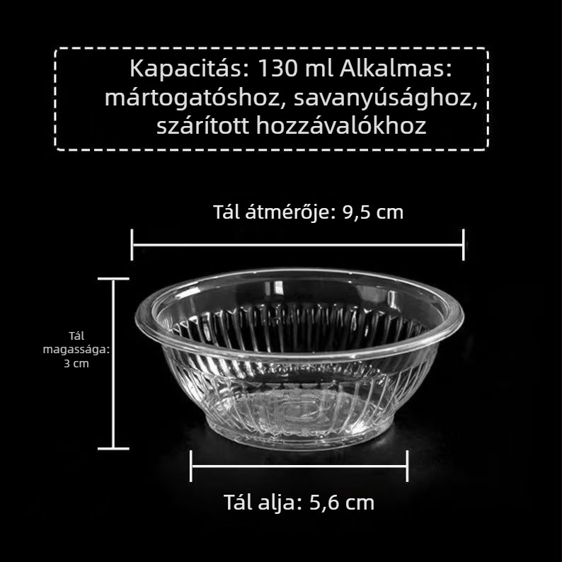 Egyszer használatos műanyag fűszertálak, 130 ml, ideális forró pot-hoz és mártásokhoz, gyóza fűszer, ecet és szójaszósz.